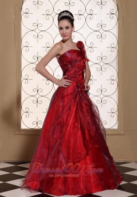 Sassy Wine Red One Shoulder Prom Dress Flowers