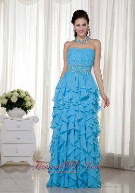 Light Blue Prom Dress Beading Sash And Ruffles