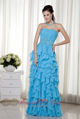 Light Blue Prom Dress Beading Sash And Ruffles