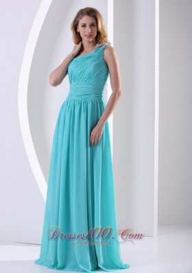 One Shoulder Aqua Blue Bridesmaid Dress Ruching