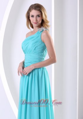 One Shoulder Aqua Blue Bridesmaid Dress Ruching