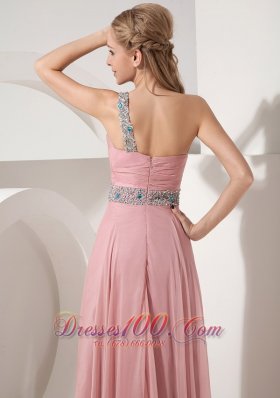 Pink Prom Dress One Shoulder Chiffon Crystal