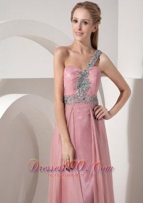 Pink Prom Dress One Shoulder Chiffon Crystal