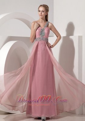 Pink Prom Dress One Shoulder Chiffon Crystal