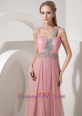 Pink Prom Dress One Shoulder Chiffon Crystal