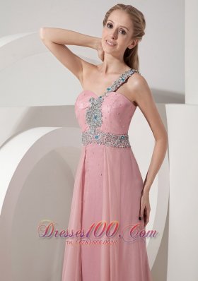 Pink Prom Dress One Shoulder Chiffon Crystal