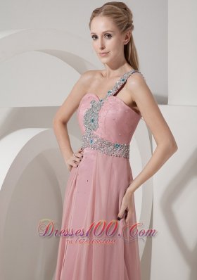 Pink Prom Dress One Shoulder Chiffon Crystal