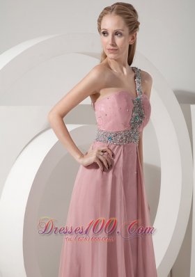 Pink Prom Dress One Shoulder Chiffon Crystal