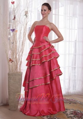 Coral Red Strapless Ruffles Prom Dama Dresses Quinces