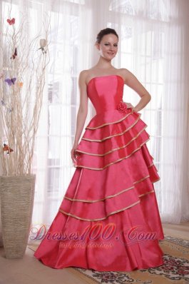 Coral Red Strapless Ruffles Prom Dama Dresses Quinces