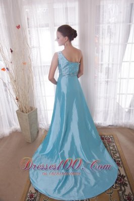 Baby Blue Sheath Prom Dress One Shoulder Watteau