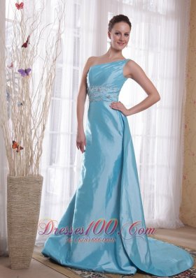 Baby Blue Sheath Prom Dress One Shoulder Watteau