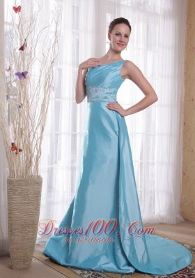 Baby Blue Sheath Prom Dress One Shoulder Watteau