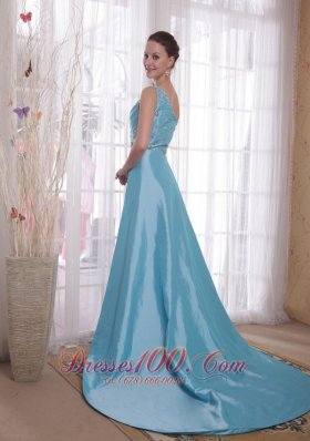 Baby Blue Sheath Prom Dress One Shoulder Watteau