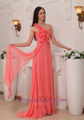 Watermelon Prom Evening Dress One Shoulder Flowers