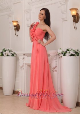 Watermelon Prom Evening Dress One Shoulder Flowers