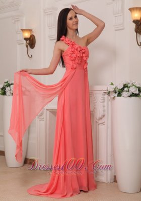 Watermelon Prom Evening Dress One Shoulder Flowers