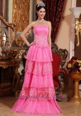 Pretty Pink Empire Organza Prom Dress Lace Appliques