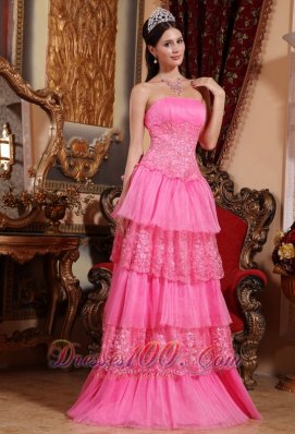 Pretty Pink Empire Organza Prom Dress Lace Appliques