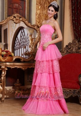 Pretty Pink Empire Organza Prom Dress Lace Appliques