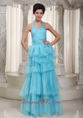 Lovely Aqua Blue Halter Beading Prom Evening Dress