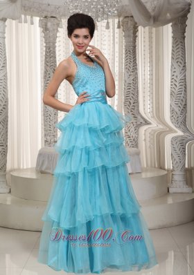 Lovely Aqua Blue Halter Beading Prom Evening Dress