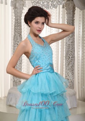 Lovely Aqua Blue Halter Beading Prom Evening Dress