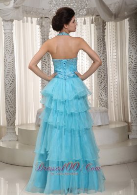 Lovely Aqua Blue Halter Beading Prom Evening Dress