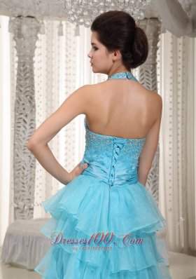 Lovely Aqua Blue Halter Beading Prom Evening Dress