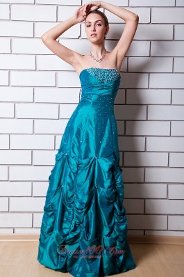 Teal A-line Taffeta Prom Dress Beading And Pick-ups