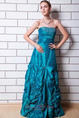 Teal A-line Taffeta Prom Dress Beading And Pick-ups