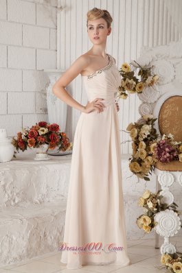 Champagne One Shoulder Beading Prom Dress Ruching