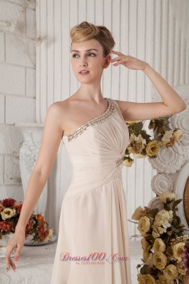 Champagne One Shoulder Beading Prom Dress Ruching