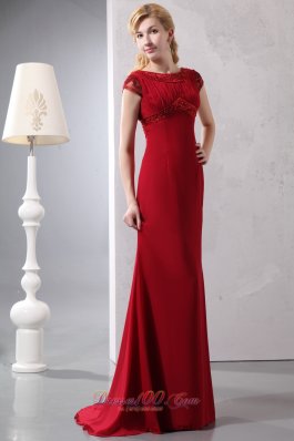 Modest Wine Red Prom Dress Round Neck Brush Beading