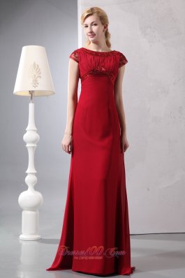 Modest Wine Red Prom Dress Round Neck Brush Beading