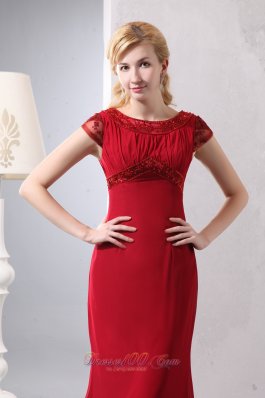 Modest Wine Red Prom Dress Round Neck Brush Beading