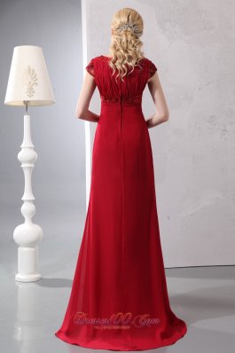 Modest Wine Red Prom Dress Round Neck Brush Beading