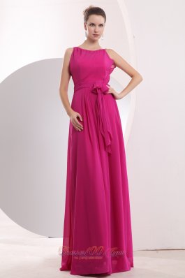 Hot Pink Prom Dress Bateau Chiffon Sash Scoop