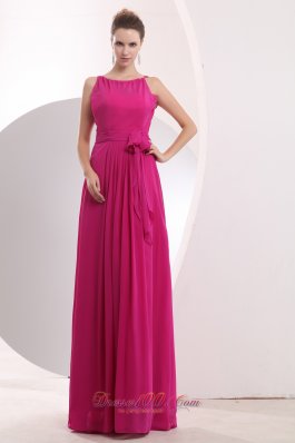 Hot Pink Prom Dress Bateau Chiffon Sash Scoop