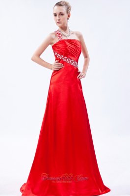 Red Pleat Prom Dress Column One Shoulder Beading