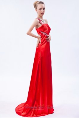 Red Pleat Prom Dress Column One Shoulder Beading