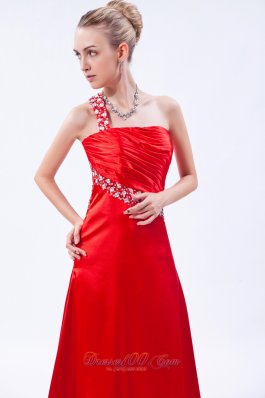 Red Pleat Prom Dress Column One Shoulder Beading