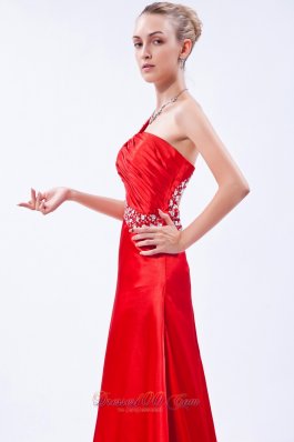 Red Pleat Prom Dress Column One Shoulder Beading