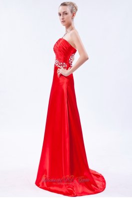 Red Pleat Prom Dress Column One Shoulder Beading