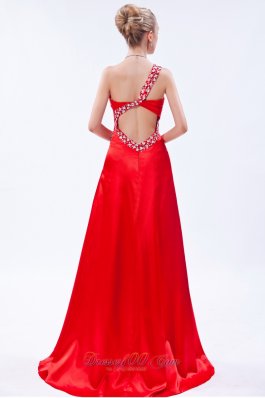 Red Pleat Prom Dress Column One Shoulder Beading