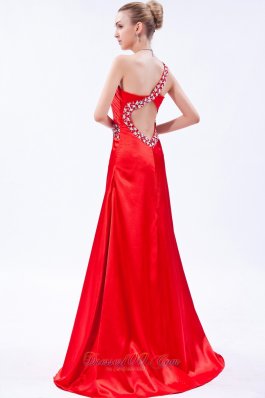 Red Pleat Prom Dress Column One Shoulder Beading