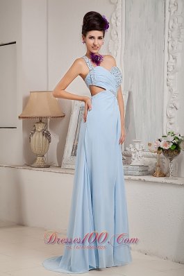 Light Blue One Shoulder Evening Dress Beading Slit