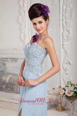 Light Blue One Shoulder Evening Dress Beading Slit