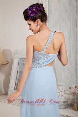 Light Blue One Shoulder Evening Dress Beading Slit