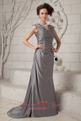 Popular Column Gray V-neck Prom Dress Ruch Brush